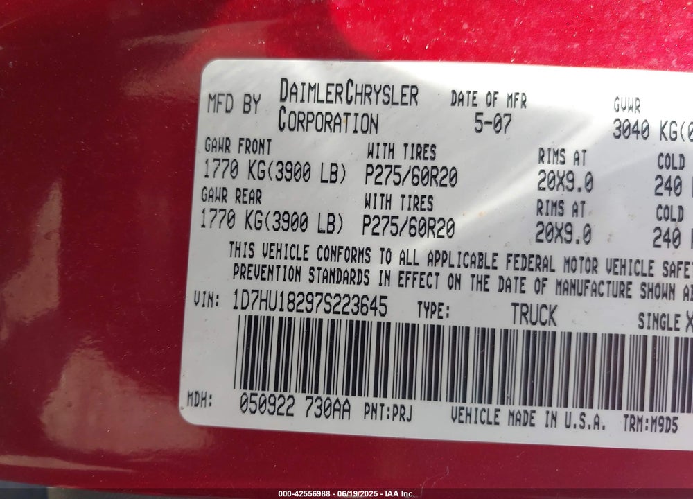 2007 DODGE RAM 1500 VIN: 1D7HU18297S223645