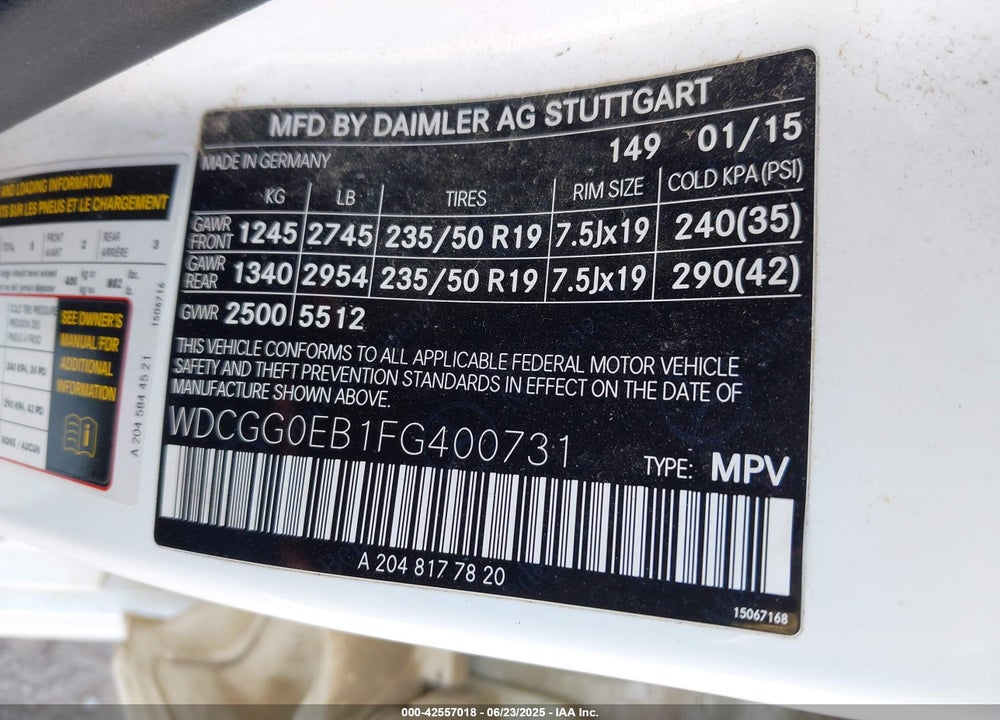 2015 MERCEDES-BENZ GLK-CLASS VIN: WDCGG0EB1FG400731