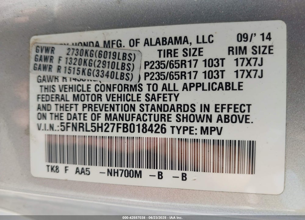 2015 HONDA ODYSSEY VIN: 5FNRL5H27FB018426