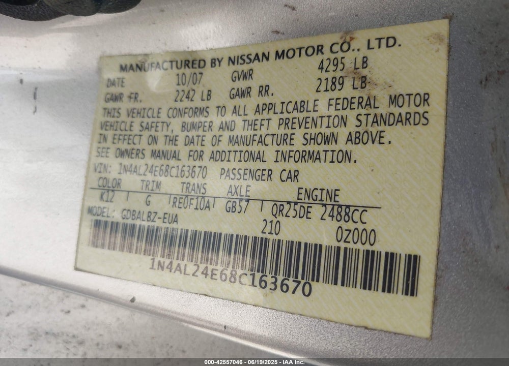 2008 NISSAN ALTIMA 2.5 S VIN: 1N4AL24E68C163670