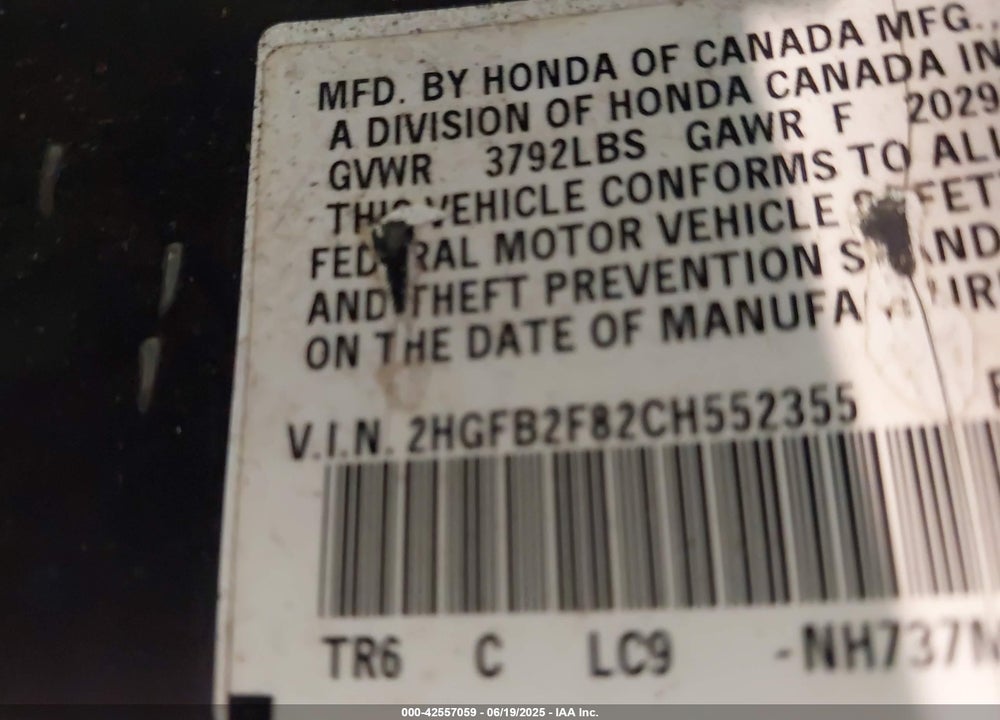 2012 HONDA CIVIC VIN: 2HGFB2F82CH552355