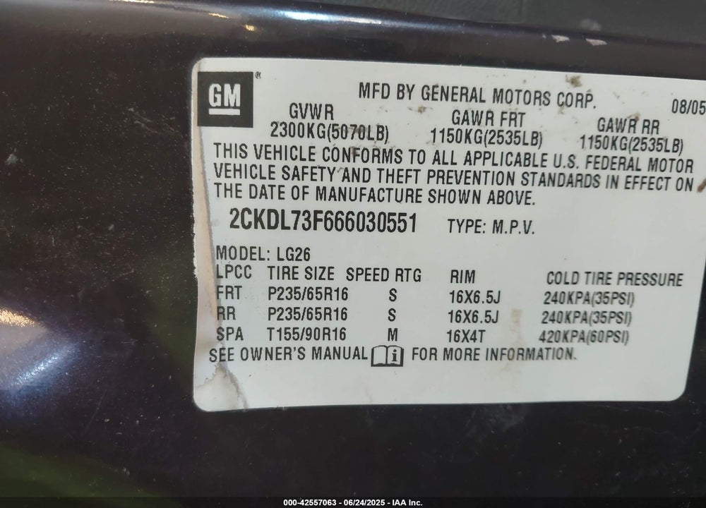 2006 PONTIAC TORRENT VIN: 2CKDL73F666030551