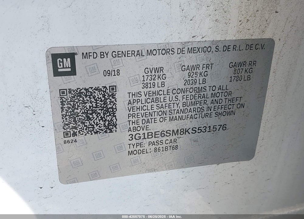 2019 CHEVROLET CRUZE VIN: 3G1BE6SM8KS531576