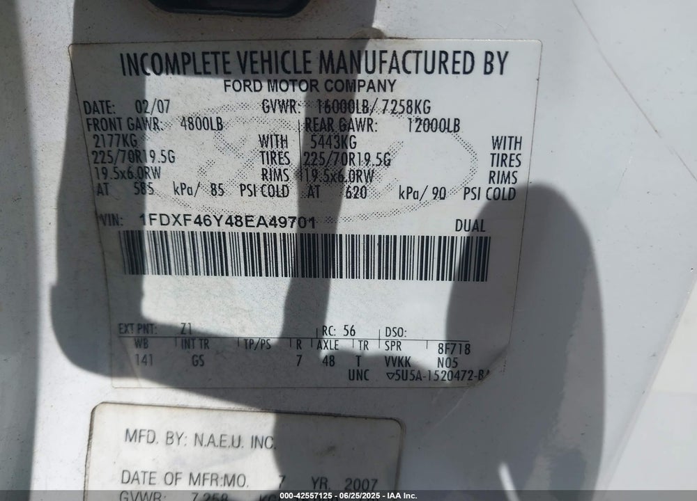 2008 FORD F-450 CHASSIS XL/XLT VIN: 1FDXF46Y48EA49701