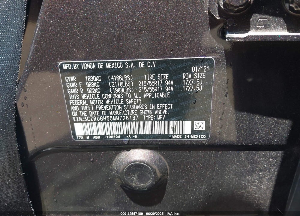 2021 HONDA HR-V VIN: 3CZRU6H55MM726187