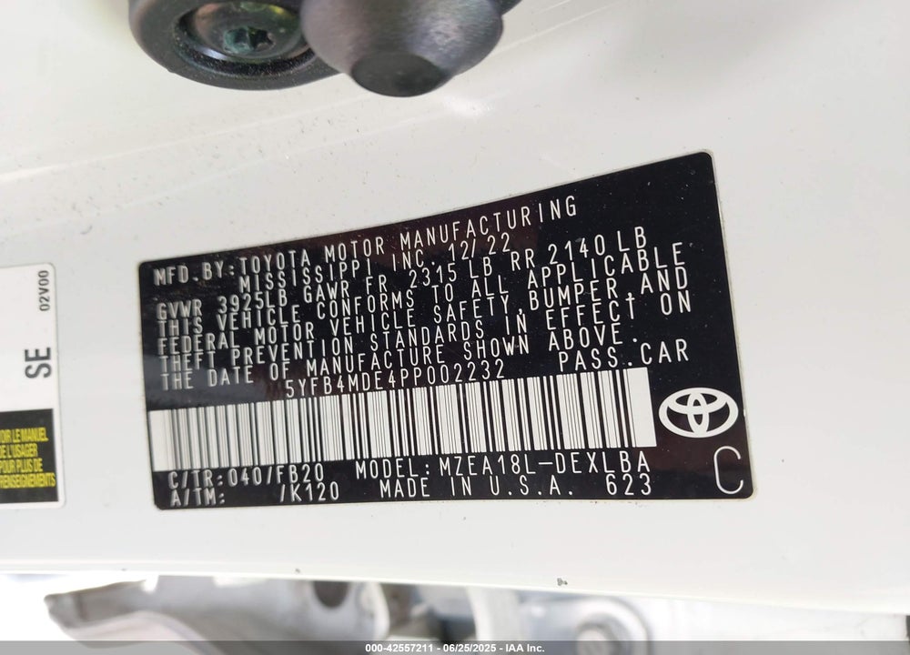 2023 TOYOTA COROLLA VIN: 5YFB4MDE4PP002232