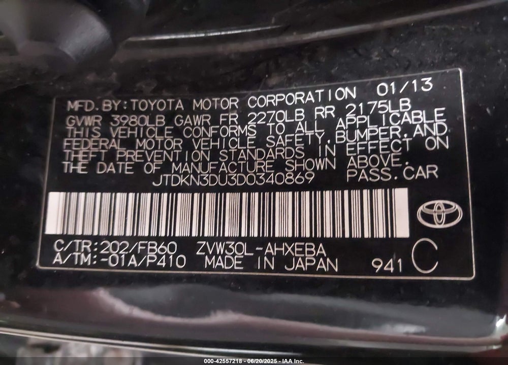 2013 TOYOTA PRIUS THREE VIN: JTDKN3DU3D0340869