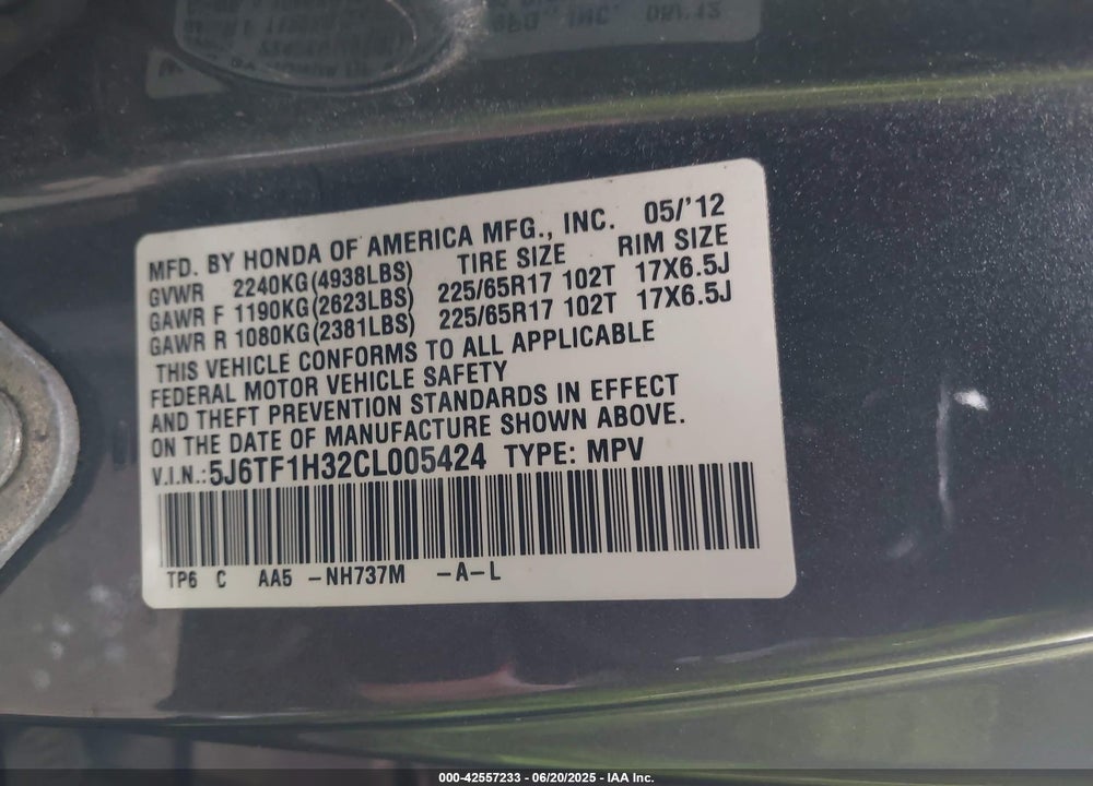 2012 HONDA CROSSTOUR EX VIN: 5J6TF1H32CL005424