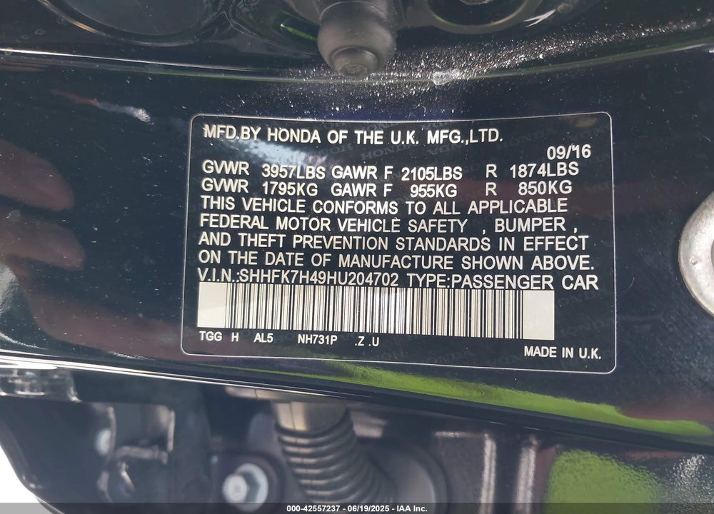 2017 HONDA CIVIC VIN: SHHFK7H49HU204702