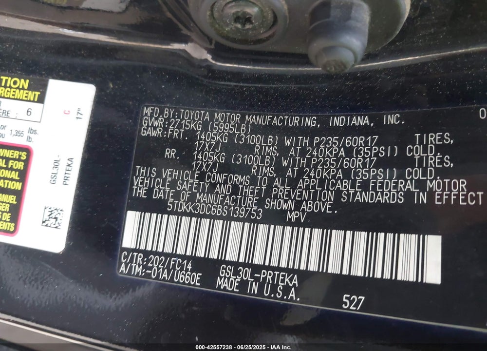2011 TOYOTA SIENNA LE V6 VIN: 5TDKK3DC6BS139753