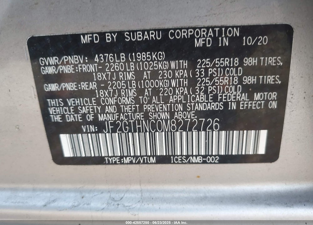 2021 SUBARU CROSSTREK VIN: JF2GTHNC0M8272726
