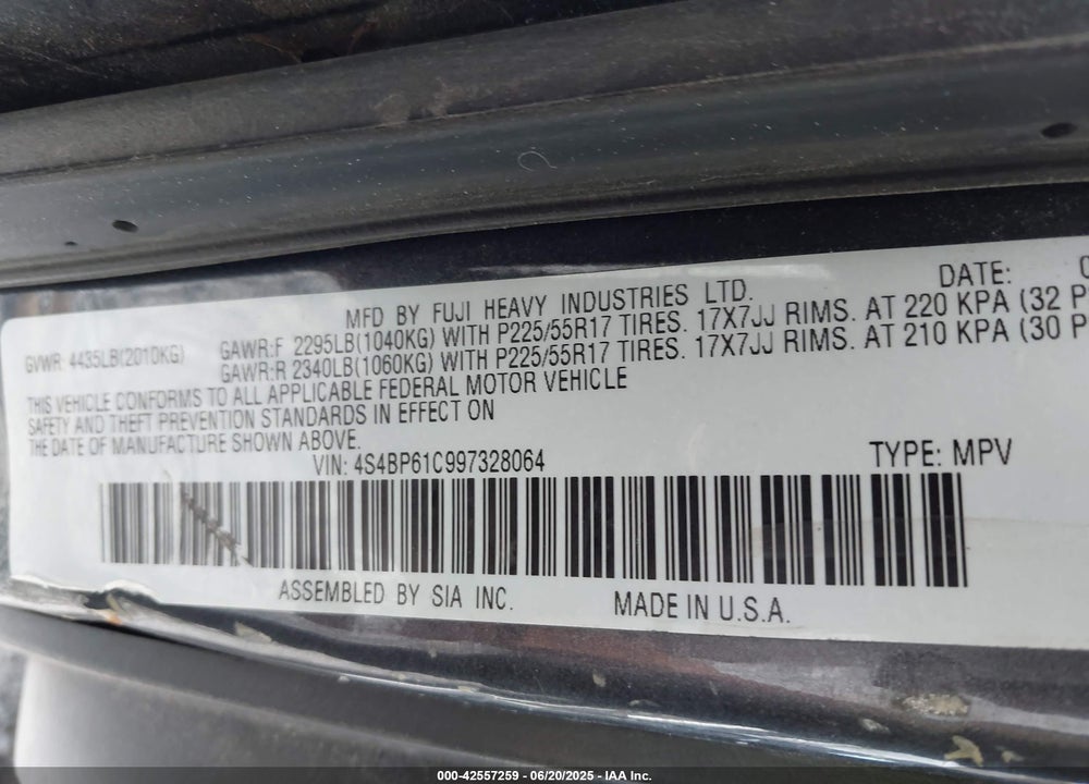 2009 SUBARU OUTBACK 2.5I VIN: 4S4BP61C997328064