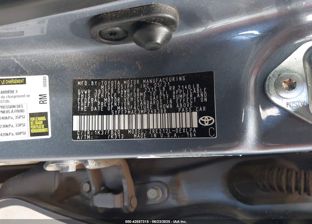 2021 TOYOTA COROLLA VIN: 5YFEPMAE3MP249388