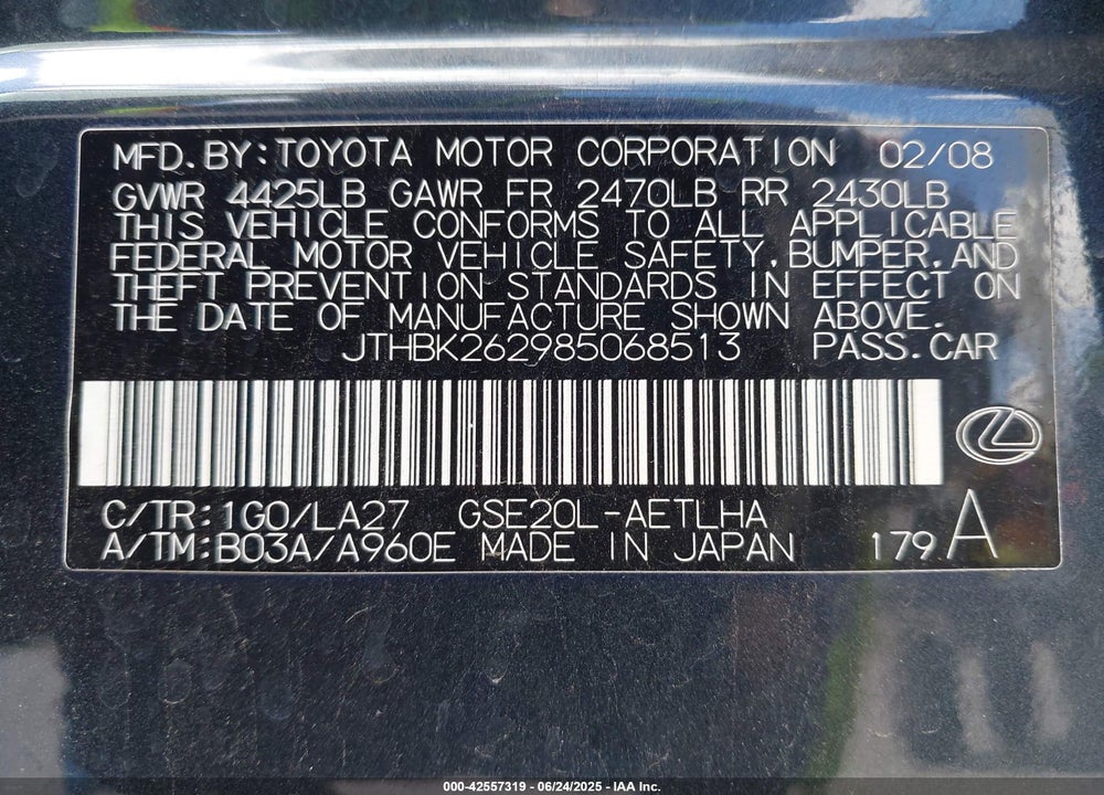 2008 LEXUS IS 250 VIN: JTHBK262985068513