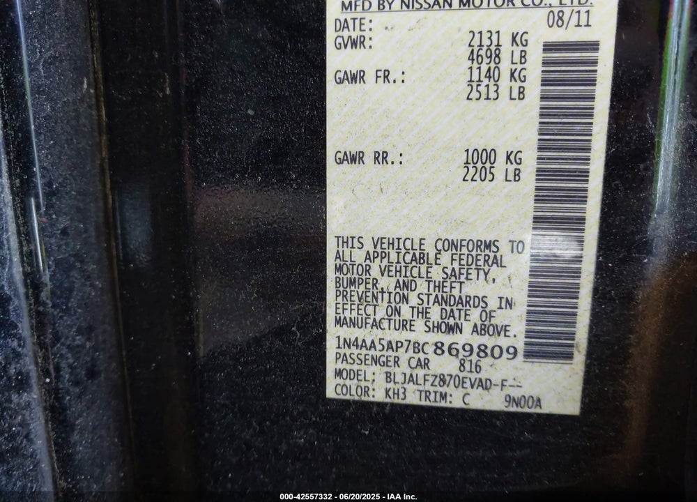 2011 NISSAN MAXIMA VIN: 1N4AA5AP7BC869809