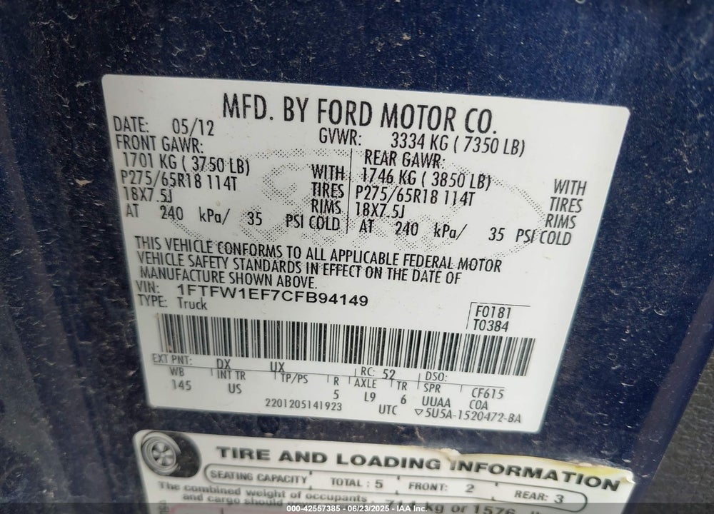2012 FORD F-150 VIN: 1FTFW1EF7CFB94149