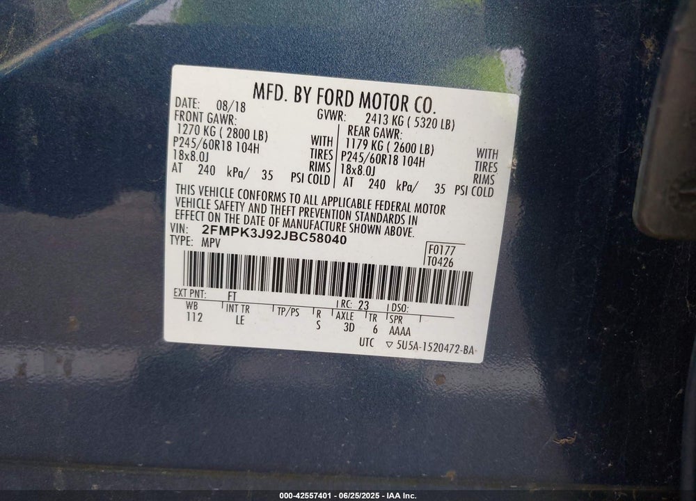 2018 FORD EDGE VIN: 2FMPK3J92JBC58040