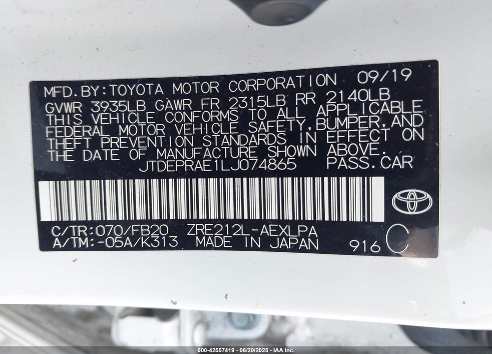 2020 TOYOTA COROLLA VIN: JTDEPRAE1LJ074865