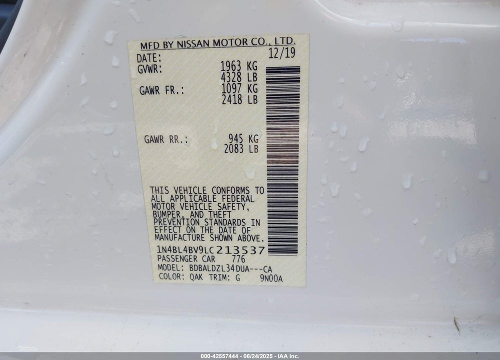 2020 NISSAN ALTIMA VIN: 1N4BL4BV9LC213537