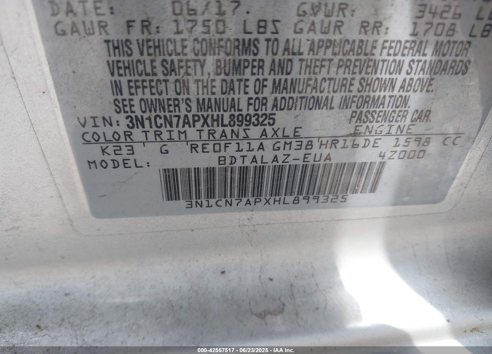 2017 NISSAN VERSA VIN: 3N1CN7APXHL899325