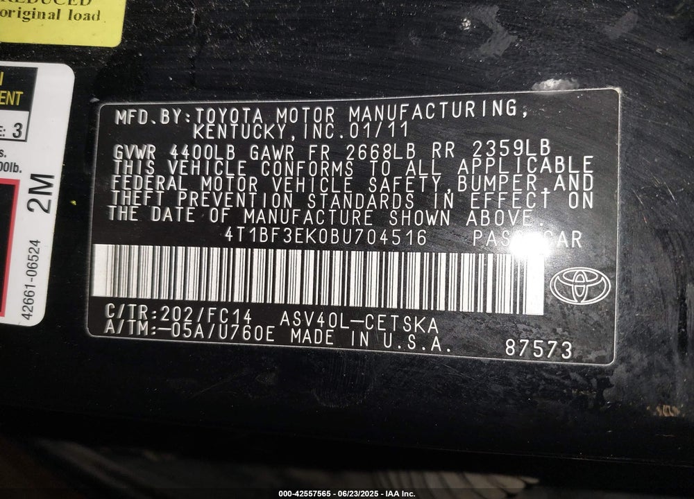2011 TOYOTA CAMRY VIN: 4T1BF3EK0BU704516