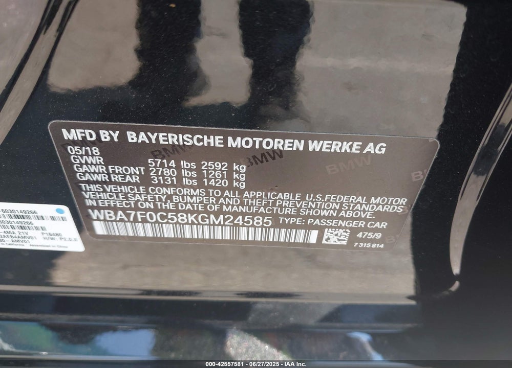 2019 BMW 750I VIN: WBA7F0C58KGM24585