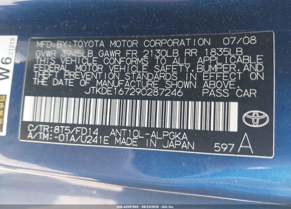 2009 SCION TC VIN: JTKDE167290287246