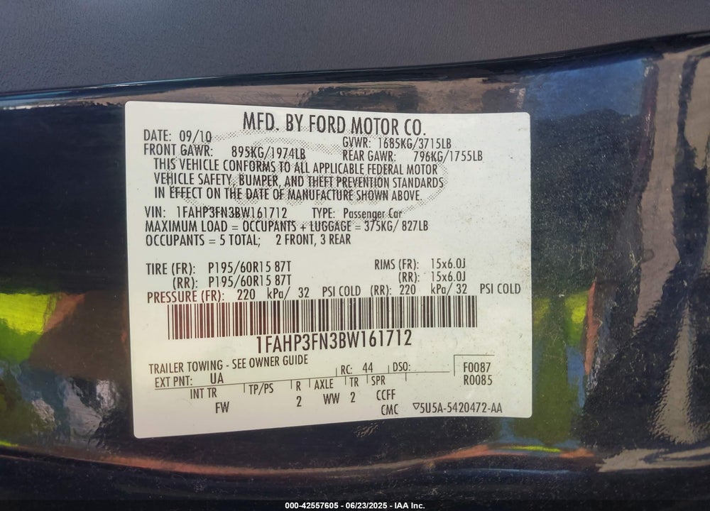 2011 FORD FOCUS VIN: 1FAHP3FN3BW161712