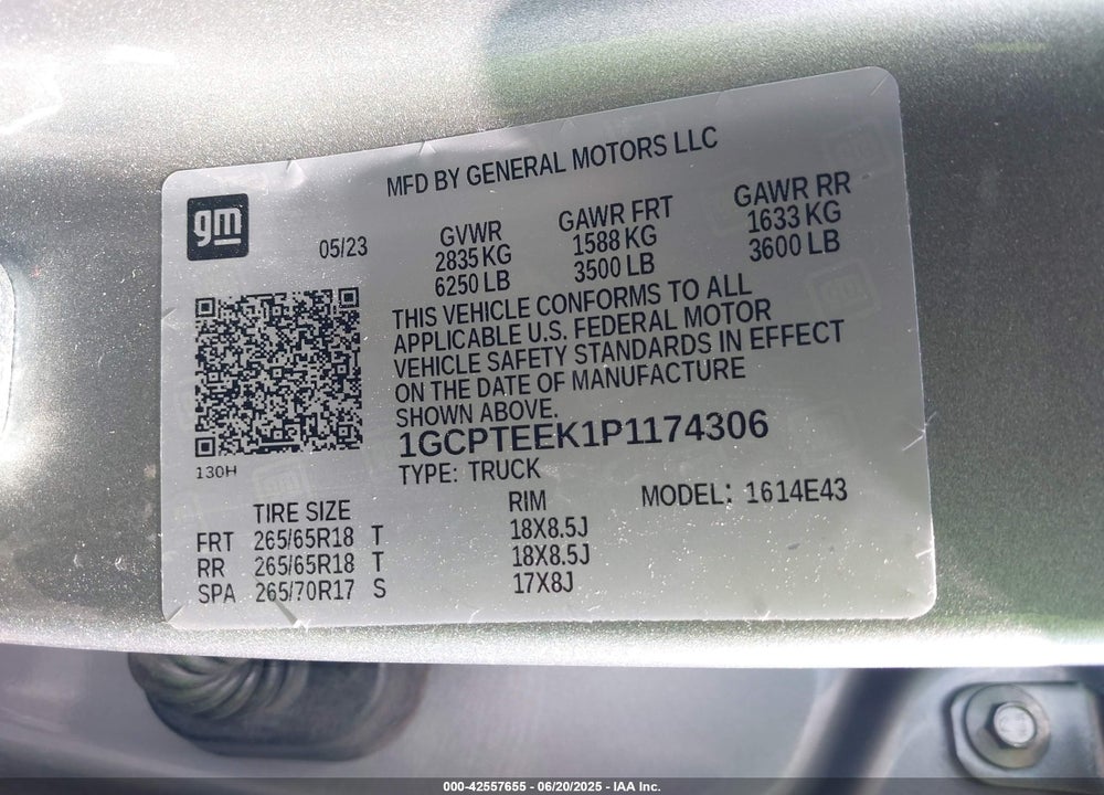 2023 CHEVROLET COLORADO VIN: 1GCPTEEK1P1174306