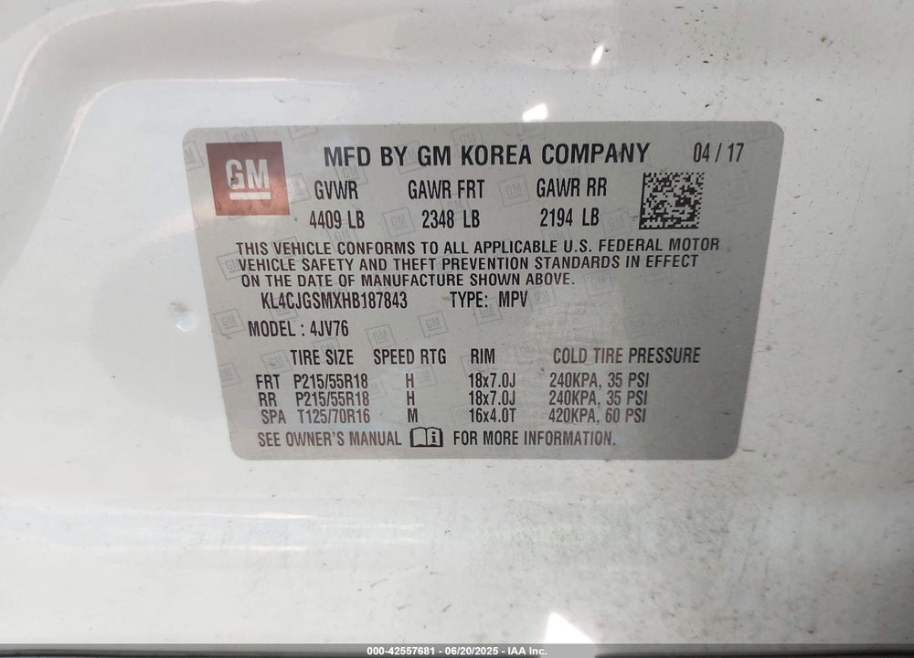 2017 BUICK ENCORE VIN: KL4CJGSMXHB187843
