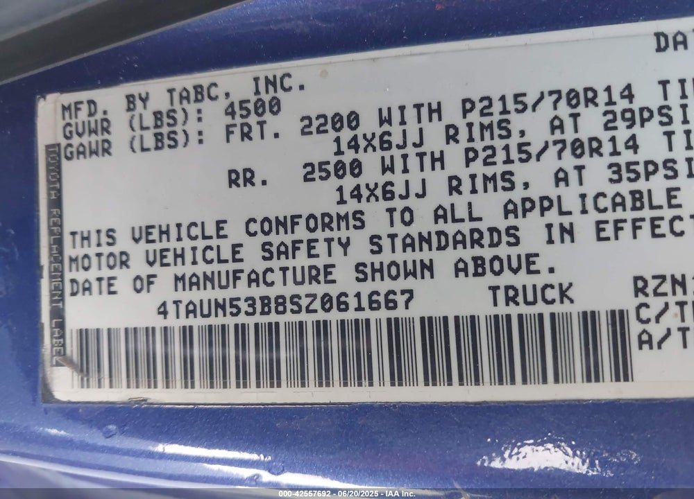 1995 TOYOTA TACOMA XTRACAB VIN: 4TAUN53B8SZ061667