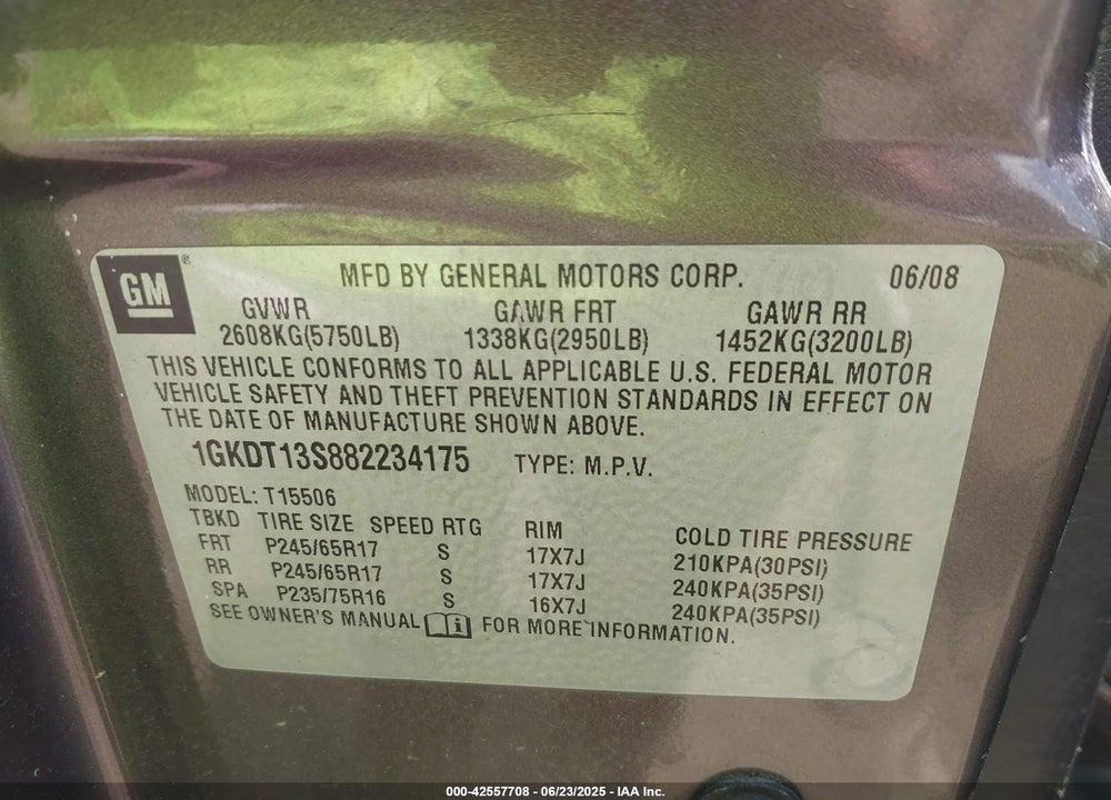 2008 GMC ENVOY VIN: 1GKDT13S882234175