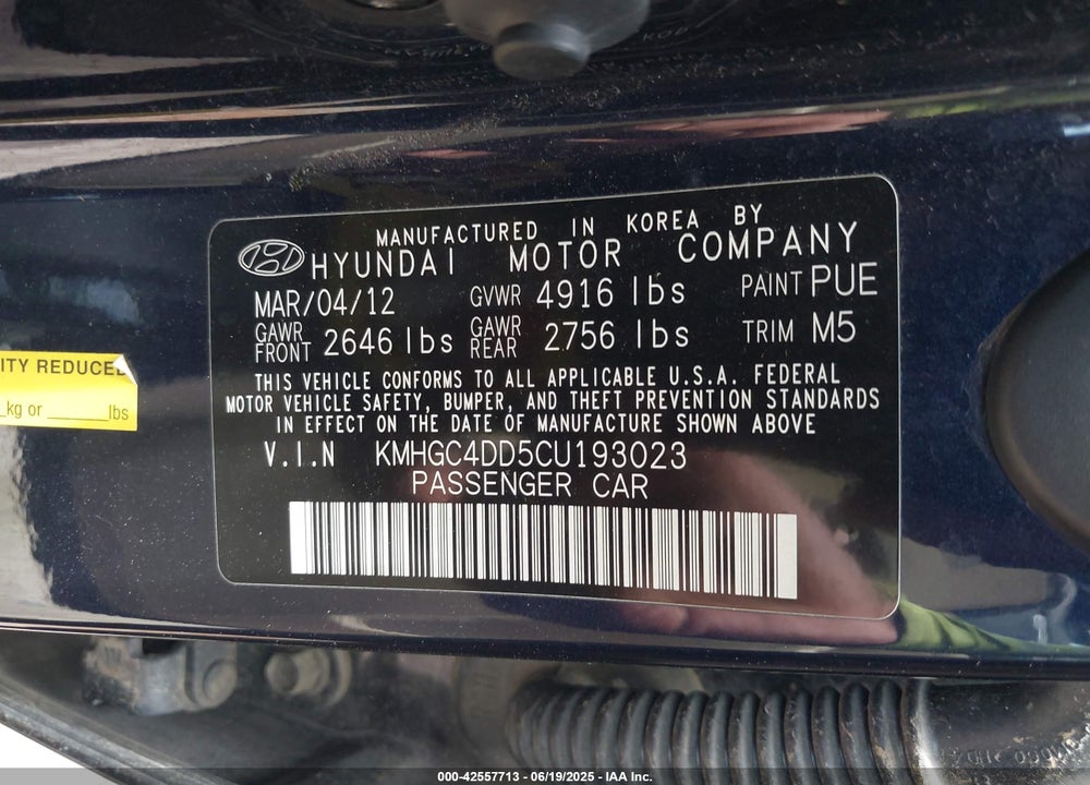2012 HYUNDAI GENESIS VIN: KMHGC4DD5CU193023