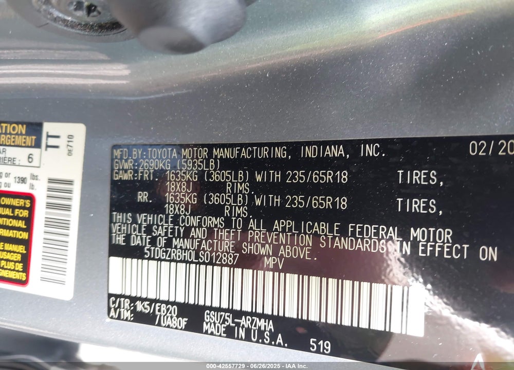 2020 TOYOTA HIGHLANDER VIN: 5TDGZRBH0LS012887
