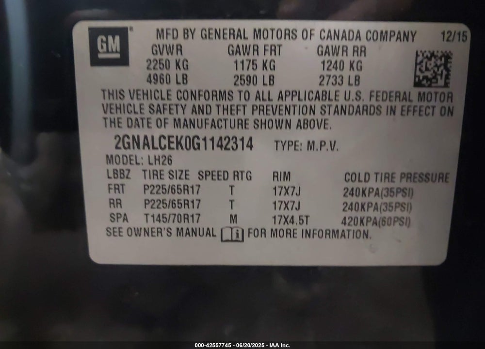 2016 CHEVROLET EQUINOX VIN: 2GNALCEK0G1142314