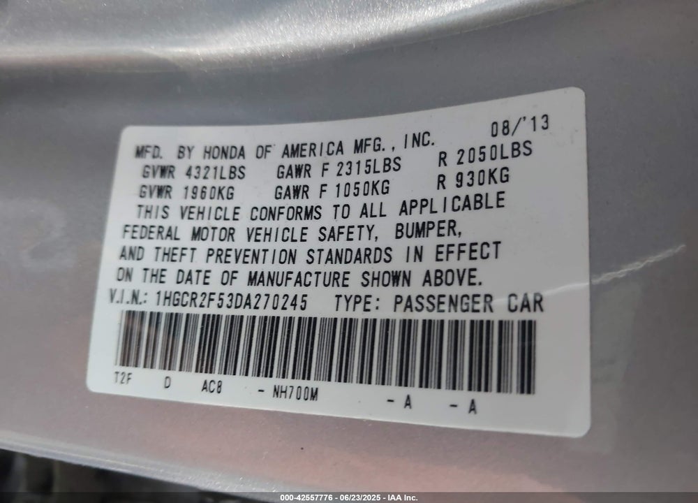 2013 HONDA ACCORD VIN: 1HGCR2F53DA270245