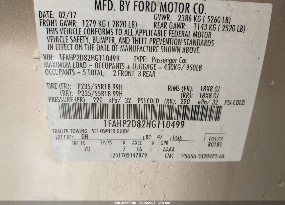 2017 FORD TAURUS VIN: 1FAHP2D82HG110499