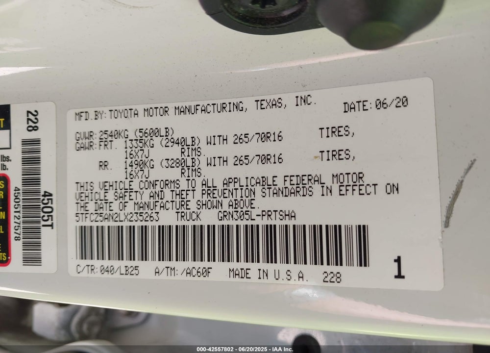 2020 TOYOTA TACOMA TRD PRO VIN: 5TFCZ5AN2LX235263
