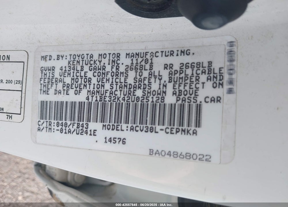 2002 TOYOTA CAMRY LE VIN: 4T1BE32K42U025128