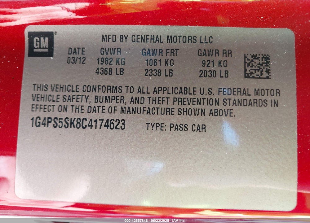 2012 BUICK VERANO VIN: 1G4PS5SK8C4174623