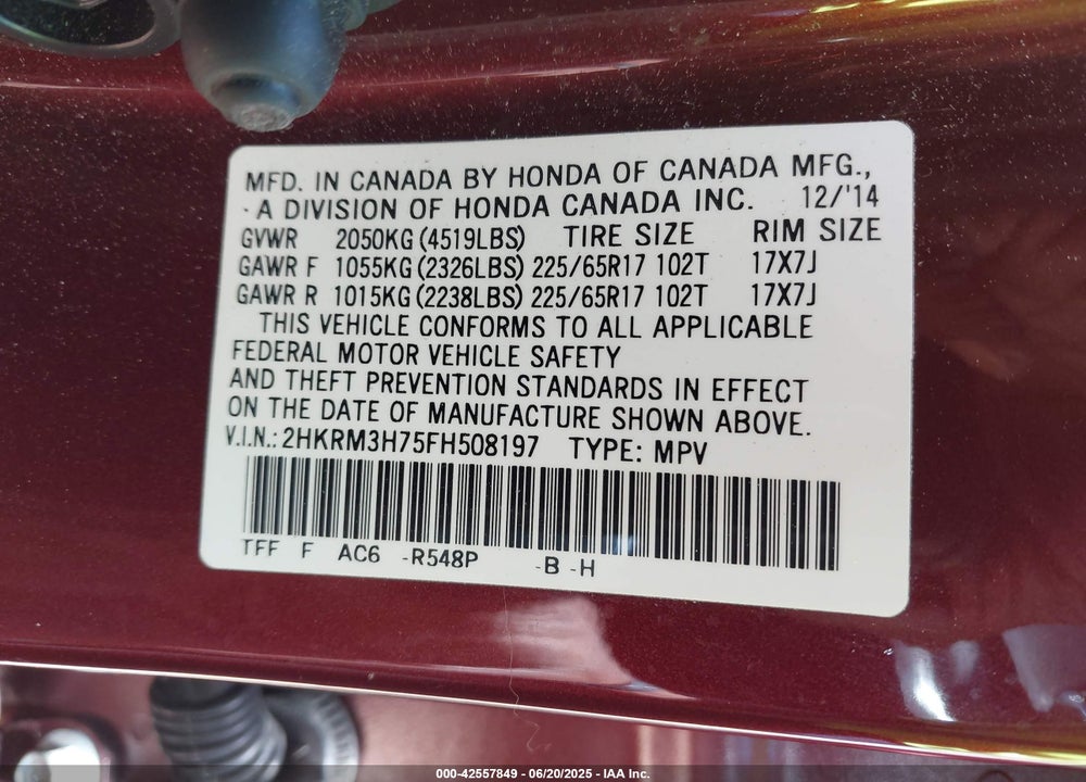 2015 HONDA CR-V VIN: 2HKRM3H75FH508197