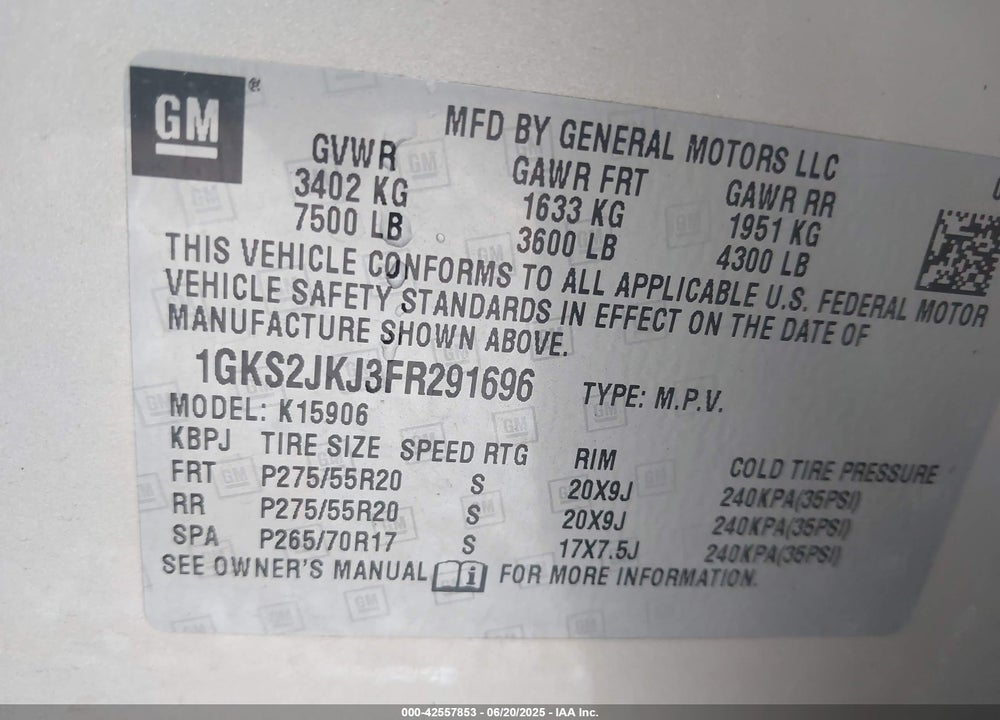 2015 GMC YUKON XL 1500 VIN: 1GKS2JKJ3FR291696