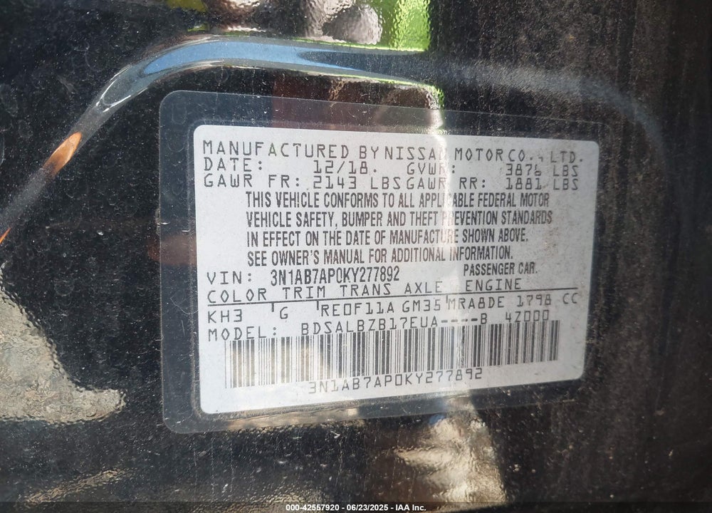2019 NISSAN SENTRA VIN: 3N1AB7AP0KY277892