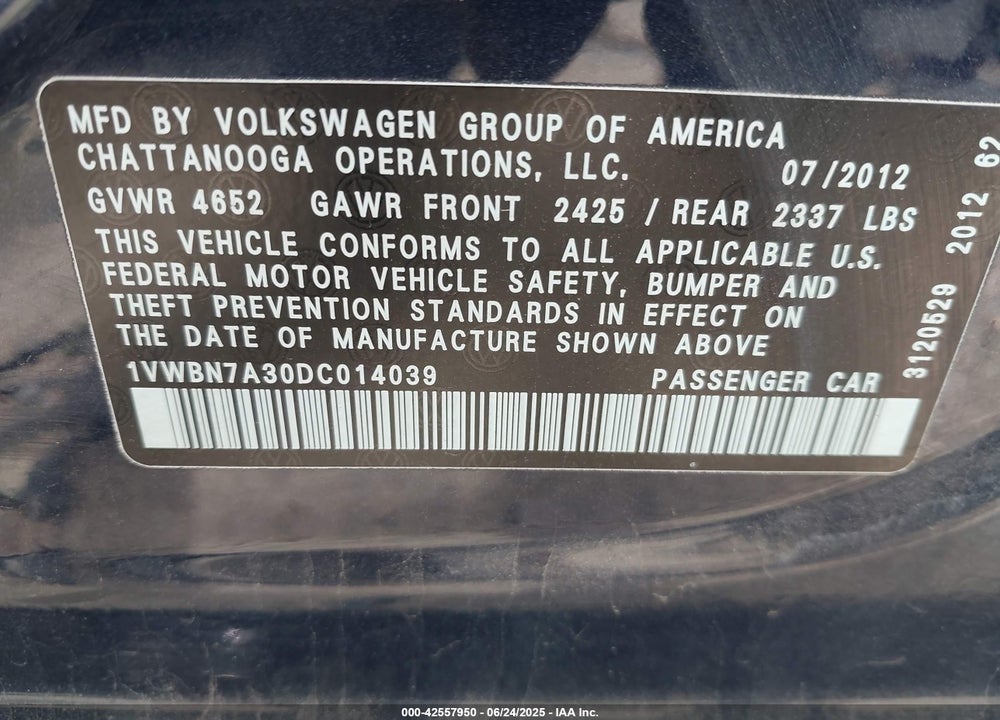 2013 VOLKSWAGEN PASSAT VIN: 1VWBN7A30DC014039