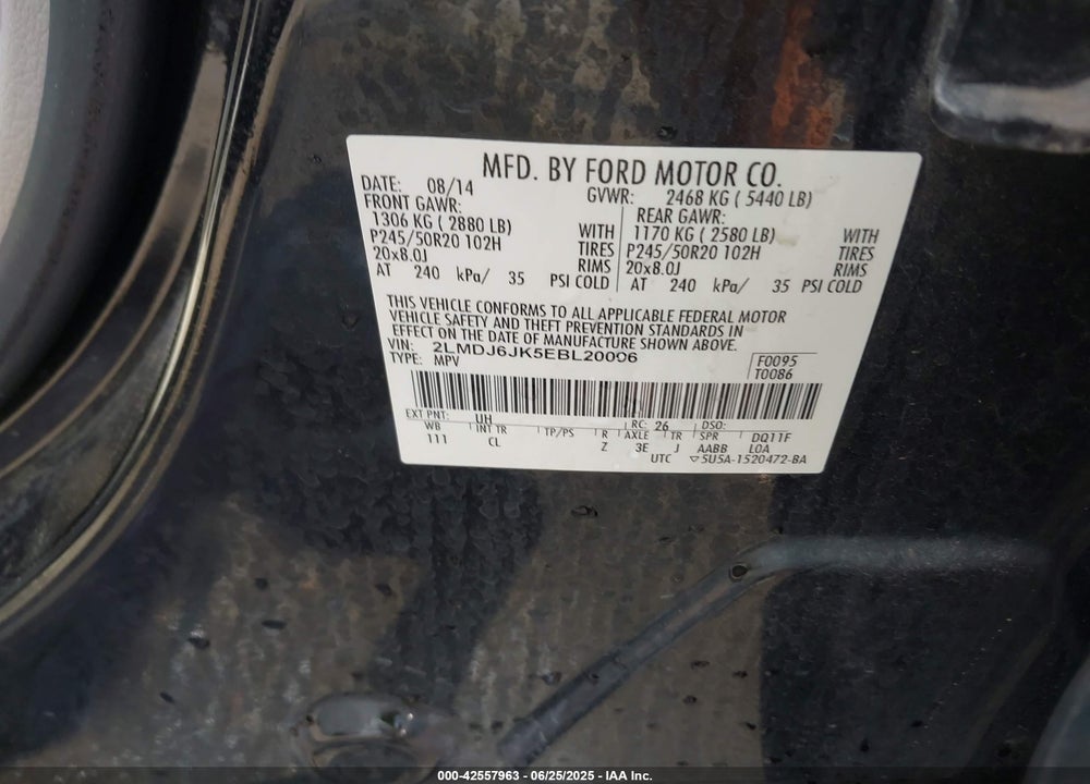 2014 LINCOLN MKX VIN: 2LMDJ6JK5EBL20096