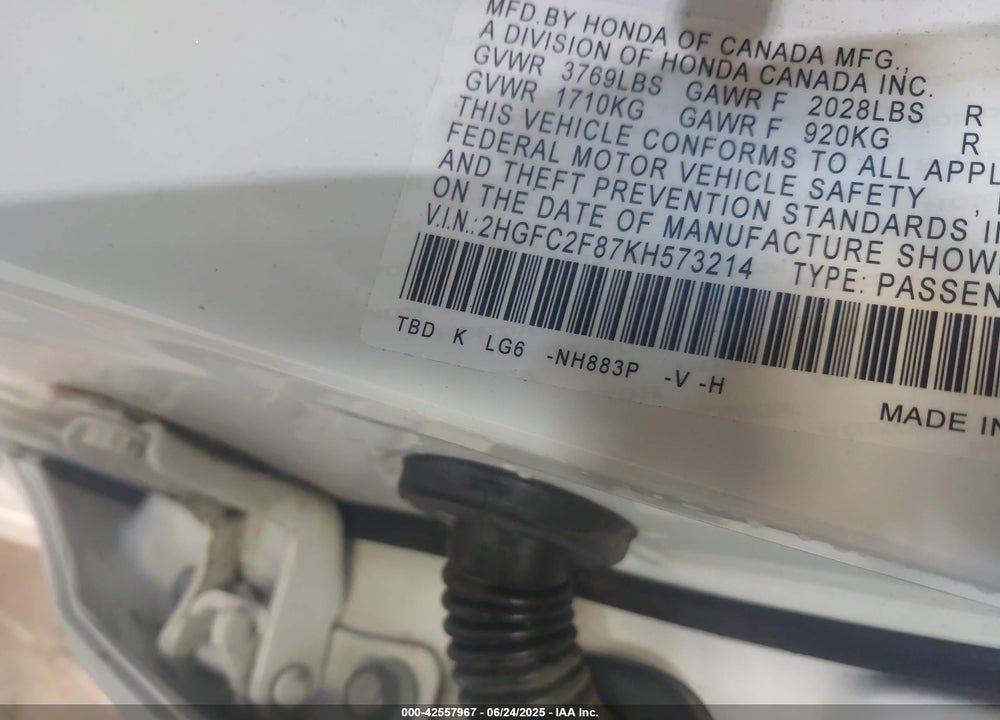 2019 HONDA CIVIC VIN: 2HGFC2F87KH573214