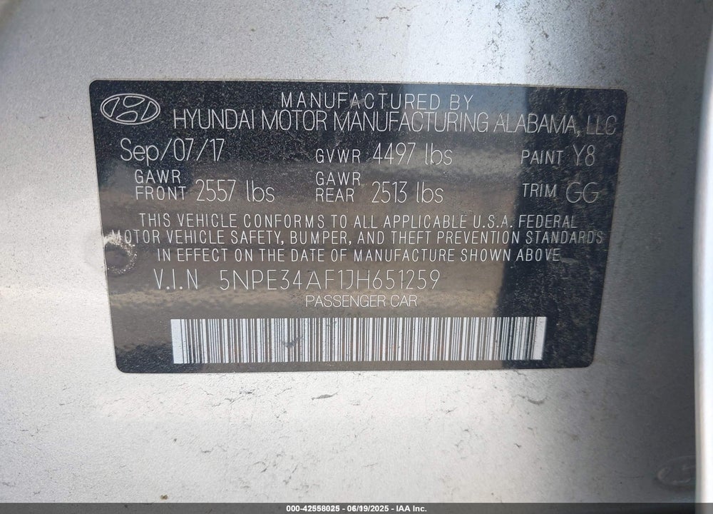 2018 HYUNDAI SONATA VIN: 5NPE34AF1JH651259