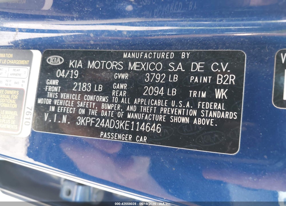 2019 KIA FORTE LXS VIN: 3KPF24AD3KE114646