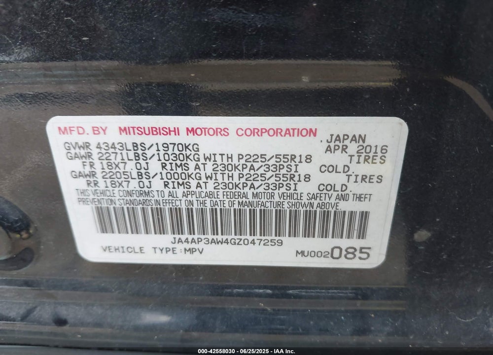 2016 MITSUBISHI OUTLANDER SPORT 2.4 SE VIN: JA4AP3AW4GZ047259