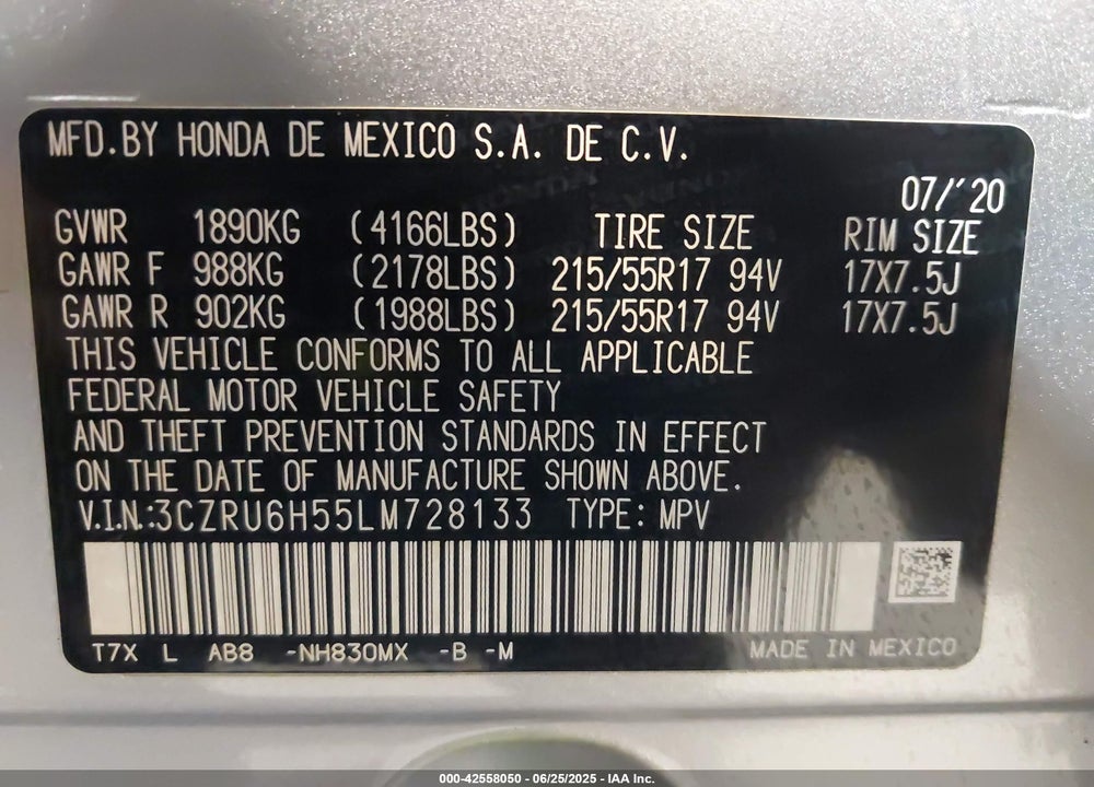 2020 HONDA HR-V VIN: 3CZRU6H55LM728133